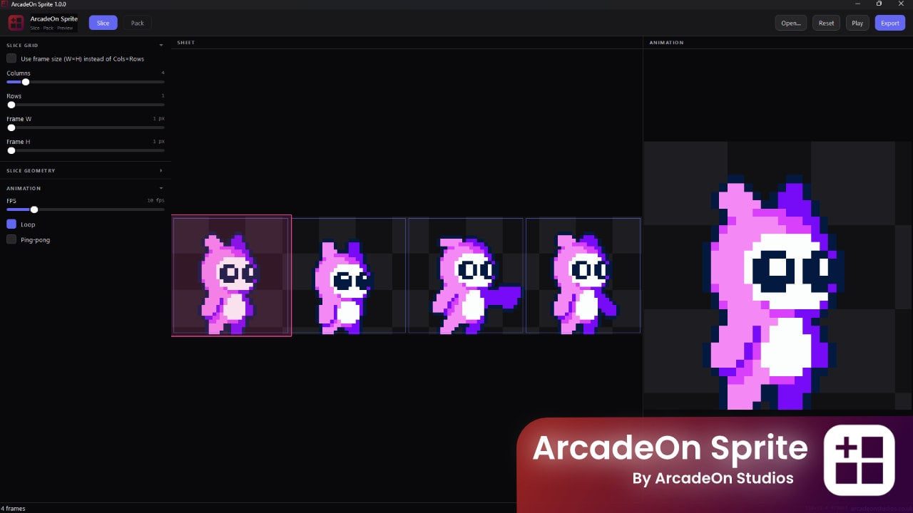 ArcadeOn Sprite running on Windows — a four-frame character sheet sliced into frames on the left and the animation playing at full size on the right, with slice and frame-rate controls