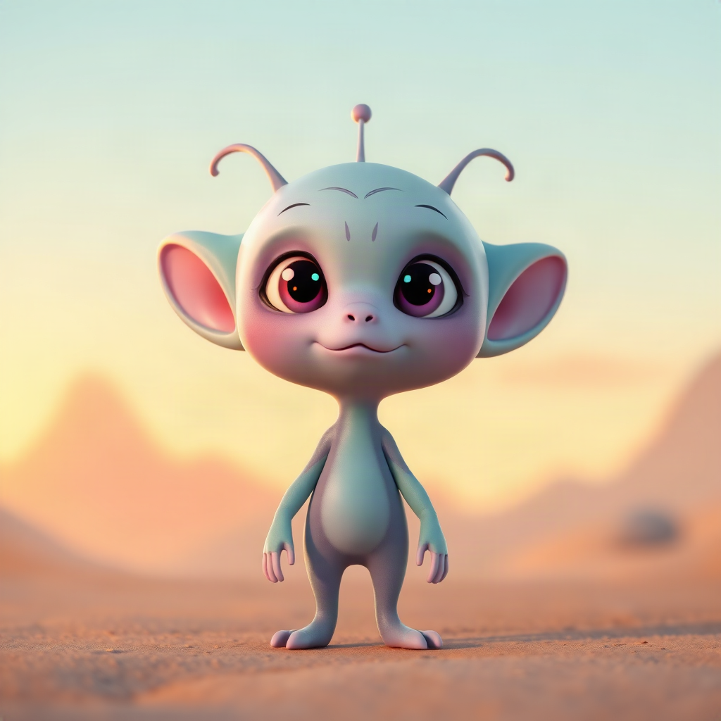 AI-generated cartoon alien character with large ears and an antenna, standing in a pastel desert at dusk