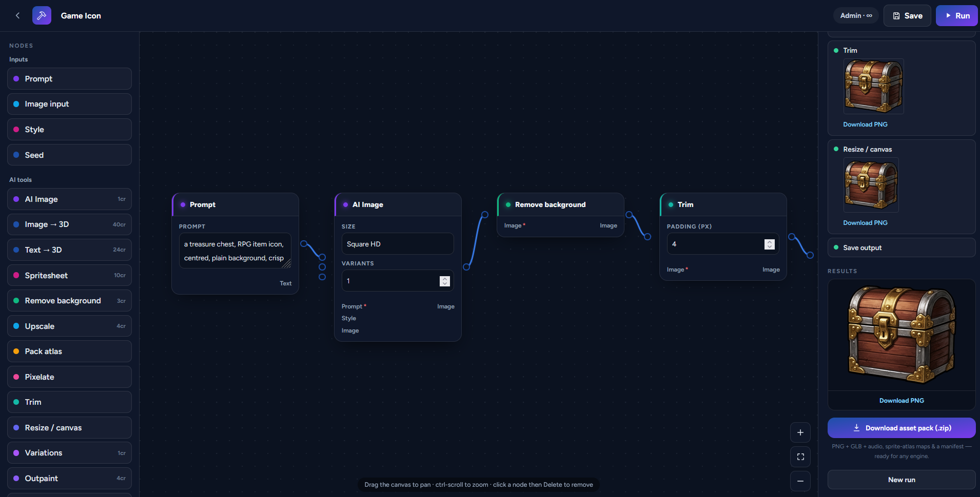 The AnnoMotion Forge node editor — AI tool nodes wired together into a game-asset workflow on a canvas