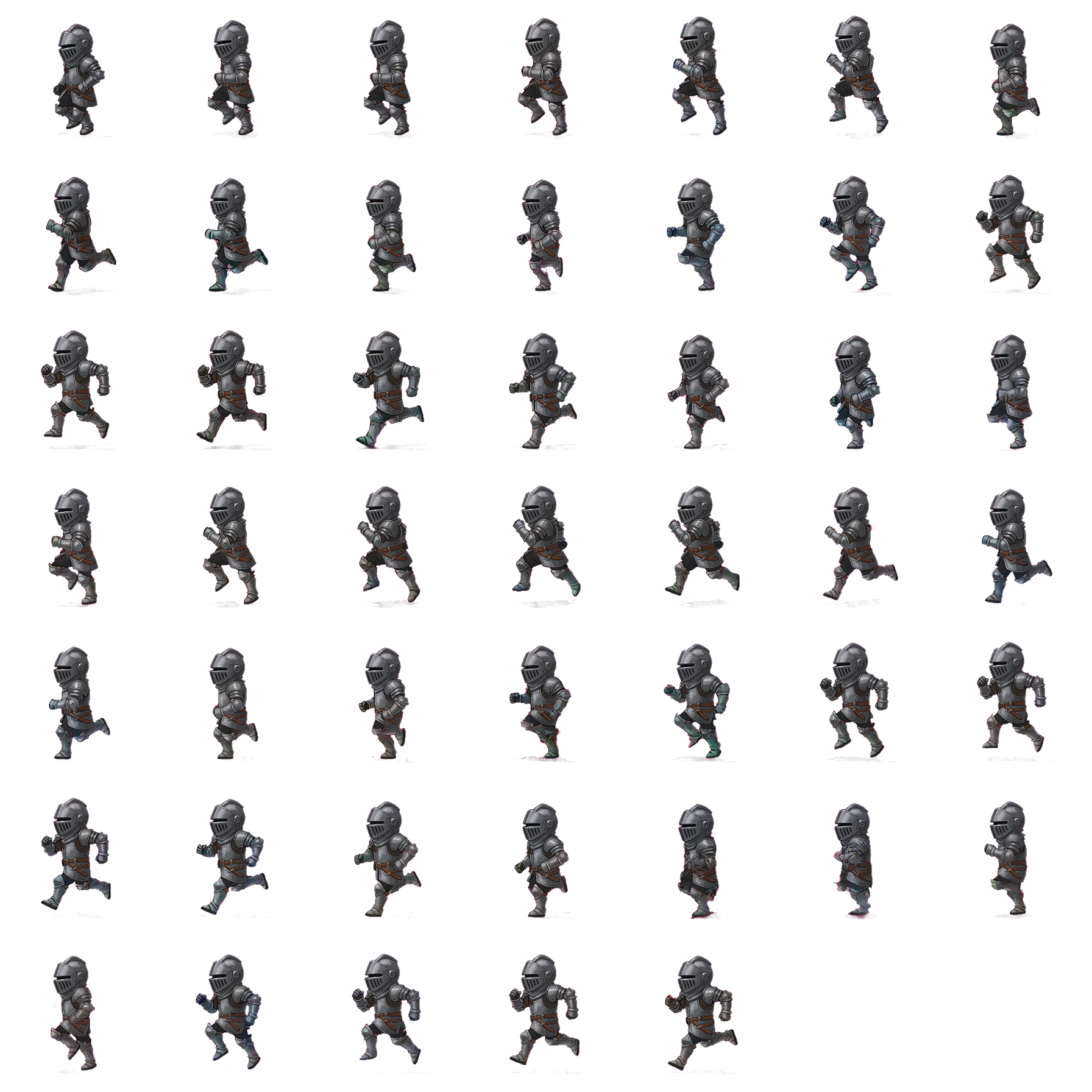 The same knight redrawn as a multi-frame run-cycle sprite sheet on transparency