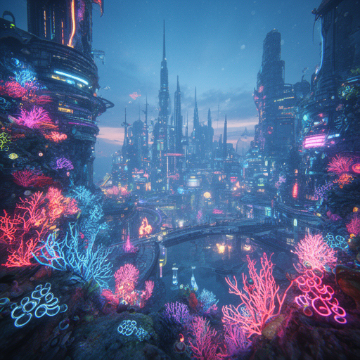 AI-generated underwater city with neon coral